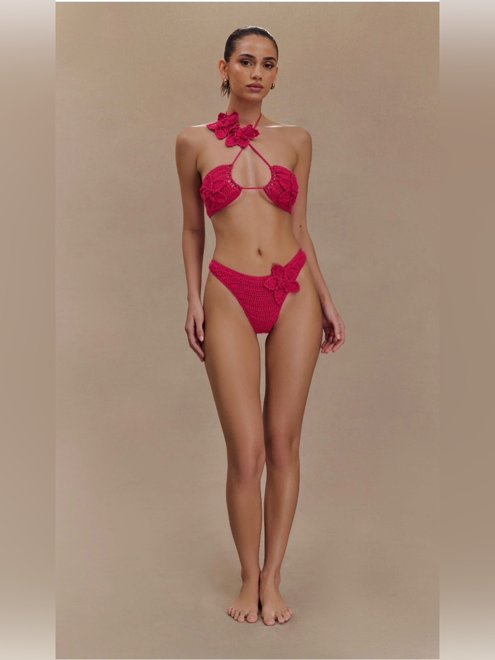 Meshki Hot Pink Crochet Floral Bikini Set